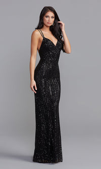  Strappy-Back Sequin-Striped Long Formal Prom Dress