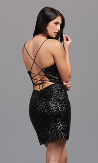  Strappy-Back Short Black Sequin Cocktail Dress