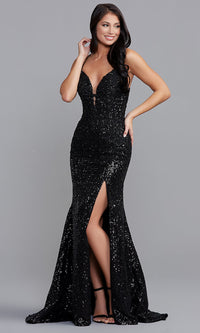 Black Low-V-Neck Sexy Long Sequin Formal Prom Gown