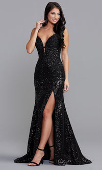  Low-V-Neck Sexy Long Sequin Formal Prom Gown