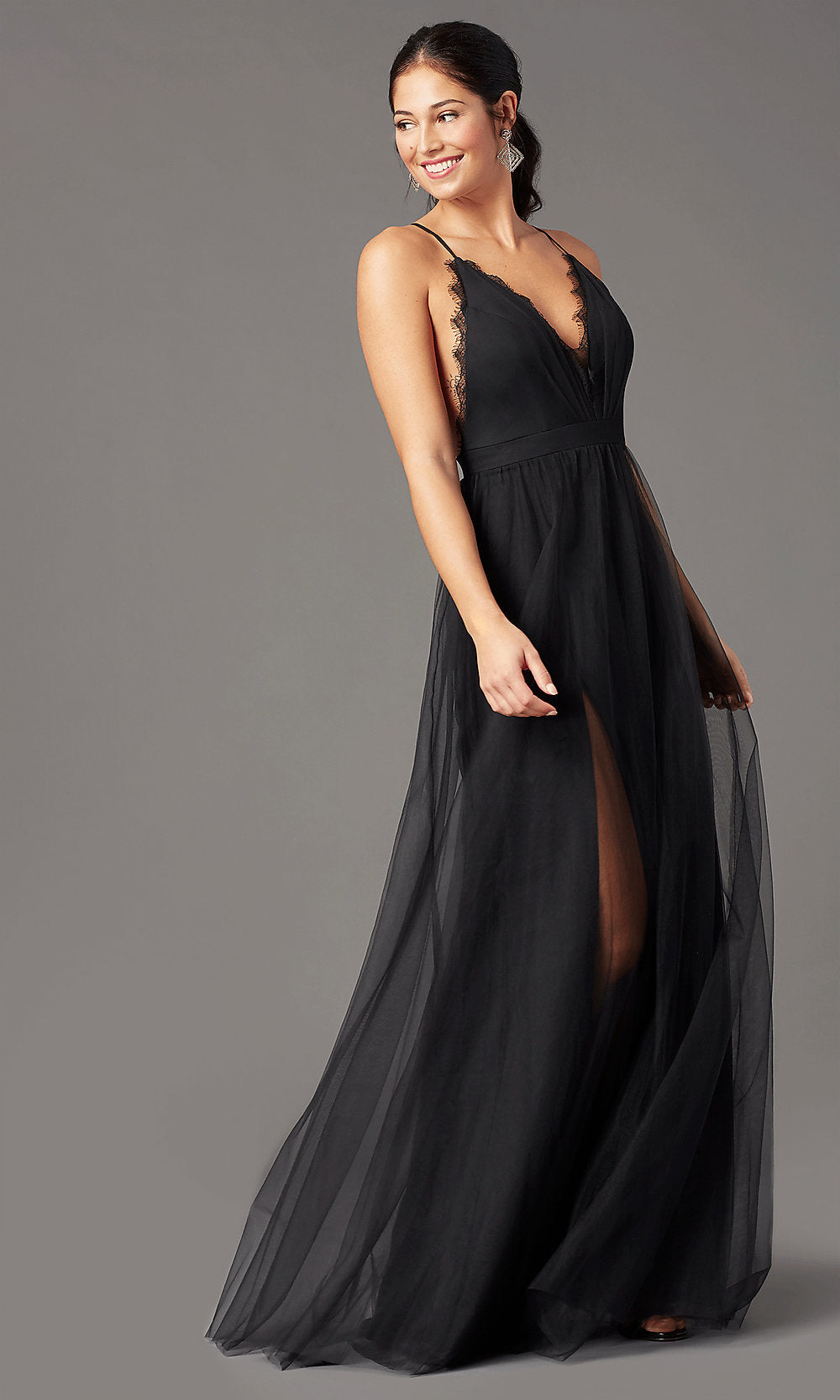 Black Open-Back Long Tulle Formal Prom Dress by PromGirl