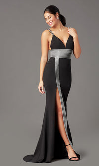 PromGirl Bead-Trimmed Long Black Formal Prom Dress