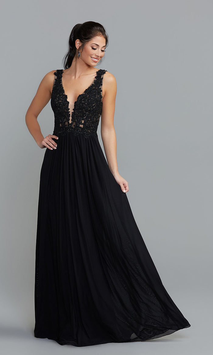 Black Long Formal Chiffon Gown with Lace Bodice