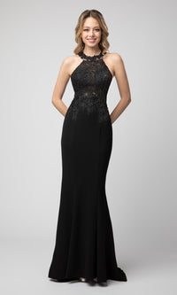 Black Shail K Embroidered High-Neck Long Formal Dress