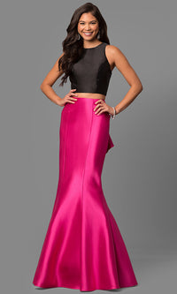 Black/Fuchsia Black and Pink Two-Piece Long Formal Prom Dress