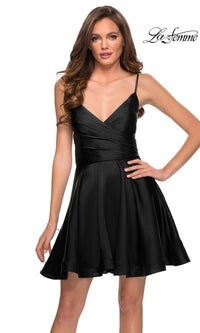Black La Femme Short Satin Semi-Formal Dress with Corset
