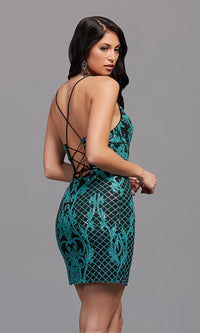  Jade-Sequin Short Corset-Back Homecoming Dress