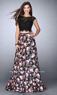 Black/Multi Lace Up Back Two-Piece Prom Dress