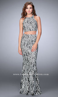 Black/White Racer Back Two Piece Lace Long Prom Dress