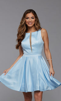 Blizzard Short Satin Homecoming Dress with Strappy Back
