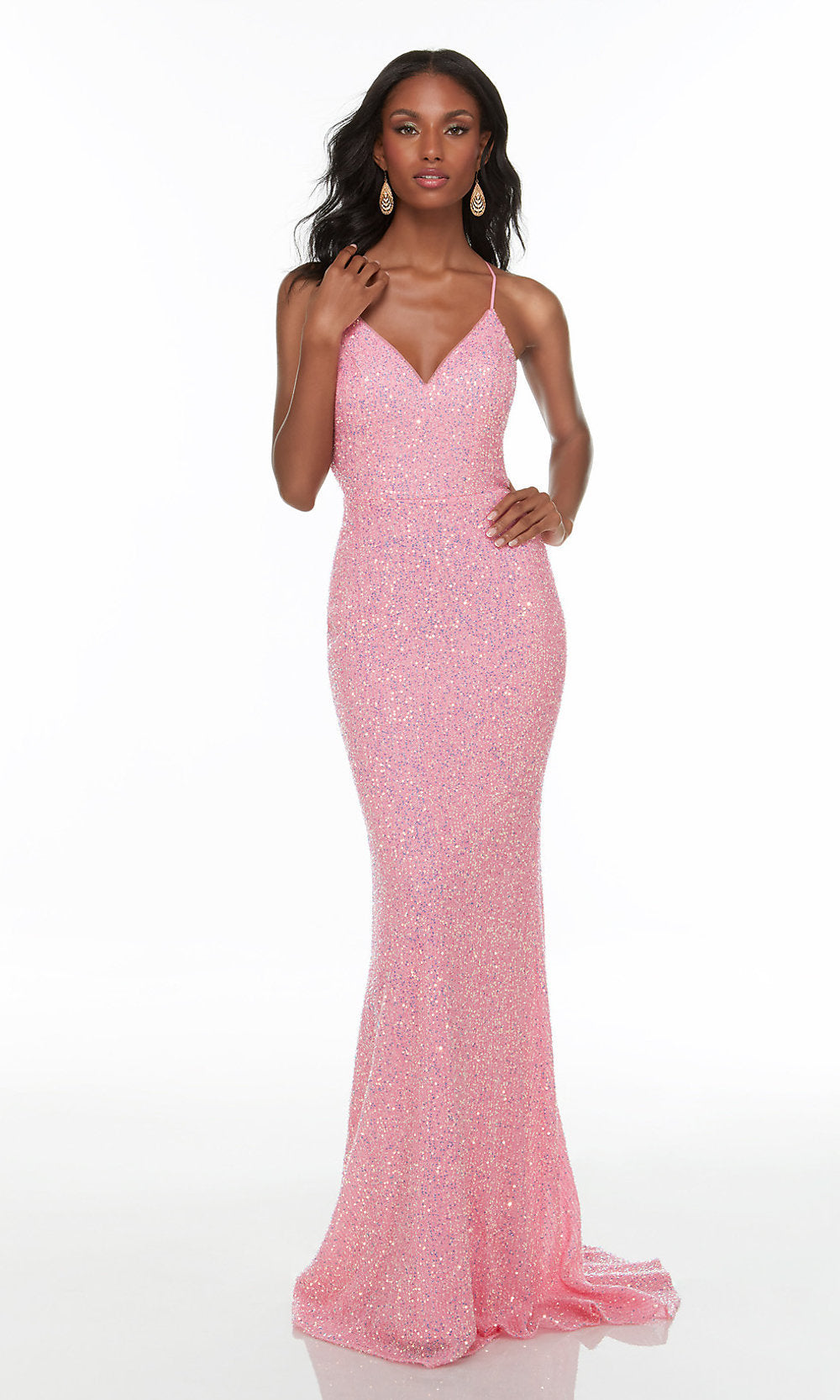 Blossom Strappy-Back Long Sequin Prom Dress with Train
