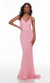  Strappy-Back Long Sequin Prom Dress with Train