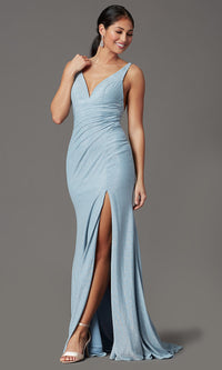 Blue Glitter-Knit Backless Long Blue Formal Prom Dress