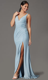  Glitter-Knit Backless Long Blue Formal Prom Dress