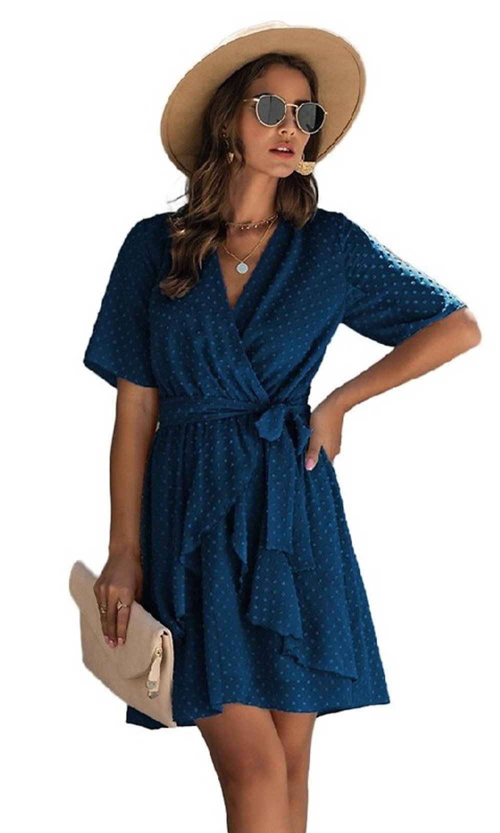 Blue Swiss Dot Short Casual Wrap Dress with Sleeves