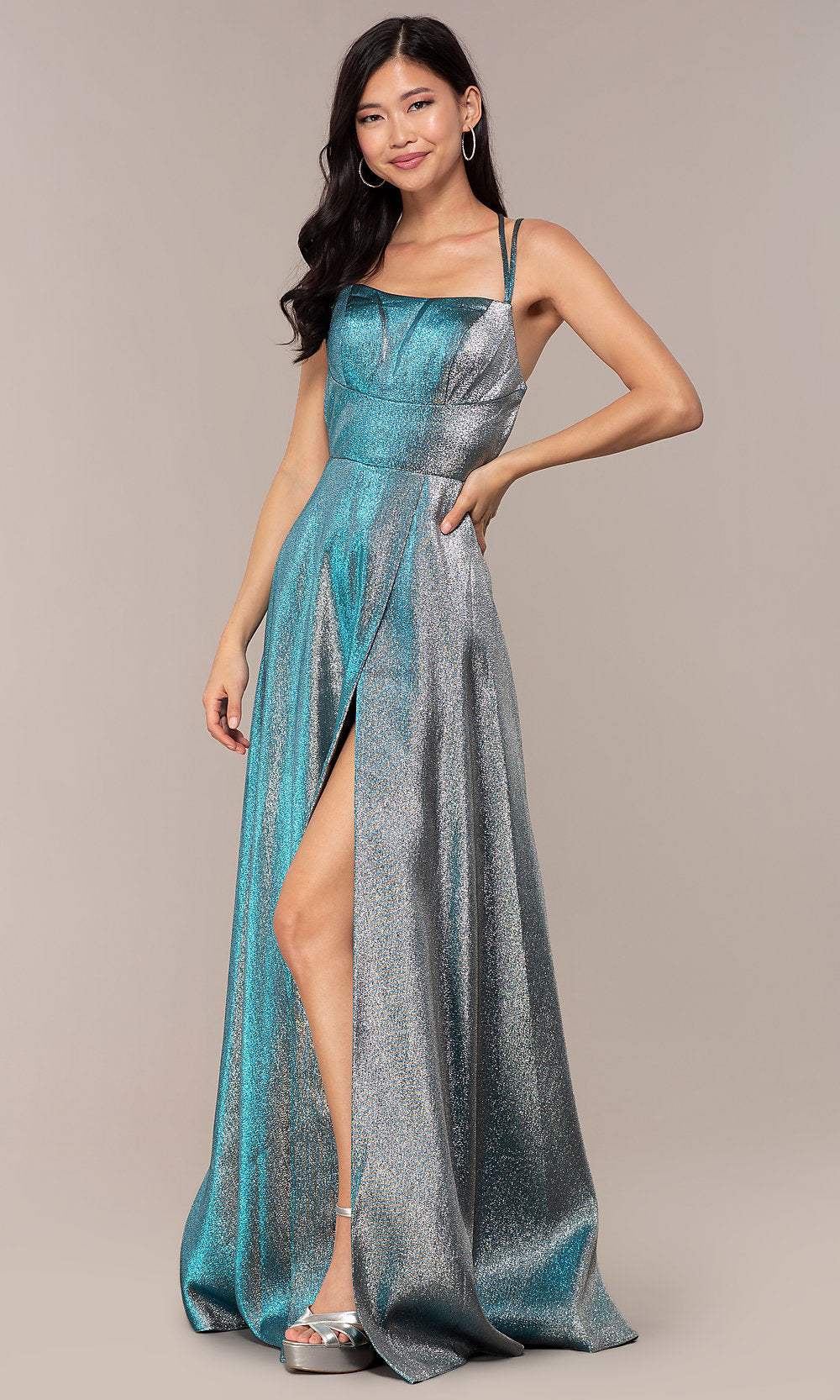 Blue Glitter-Crepe JVNX by Jovani Long Metallic Prom Dress