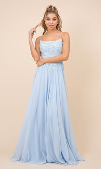 Blue Lace-Bodice Long Formal Gown with Strappy Back