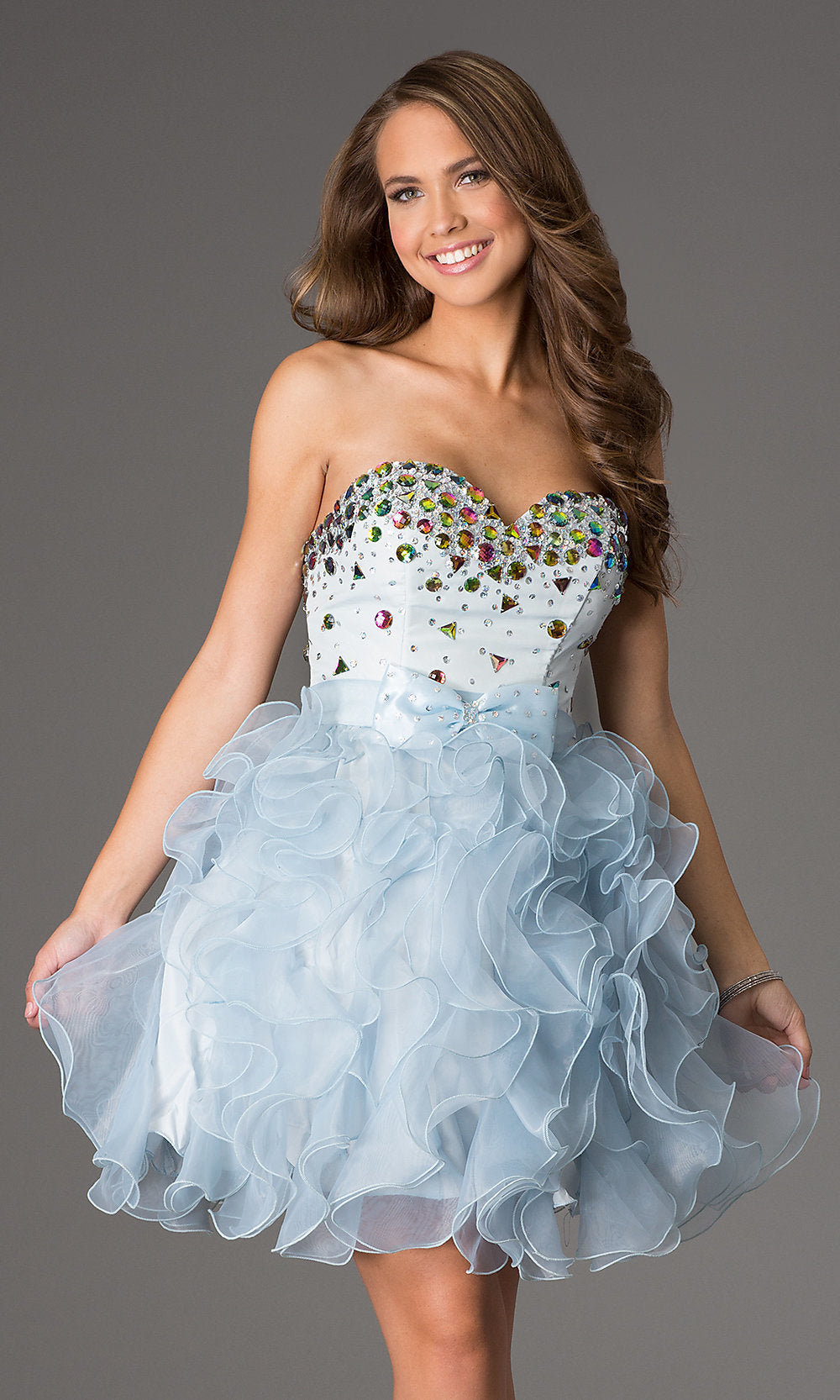 Blue Ruffled Beaded Babydoll Short Prom Dress