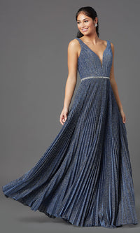Blue V-Neck Long Blue Glitter Prom Dress by PromGirl