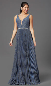  V-Neck Long Blue Glitter Prom Dress by PromGirl