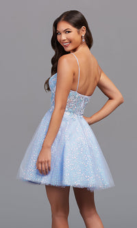  Blue Sequin Sheer-Bodice Short Homecoming Dress