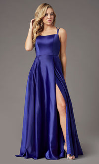 Blue Jay Square-Neck Long Satin Prom Dress by PromGirl