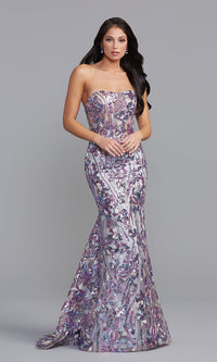 Blue/Lilac Sequin-Print Strapless Mermaid Long Prom Dress
