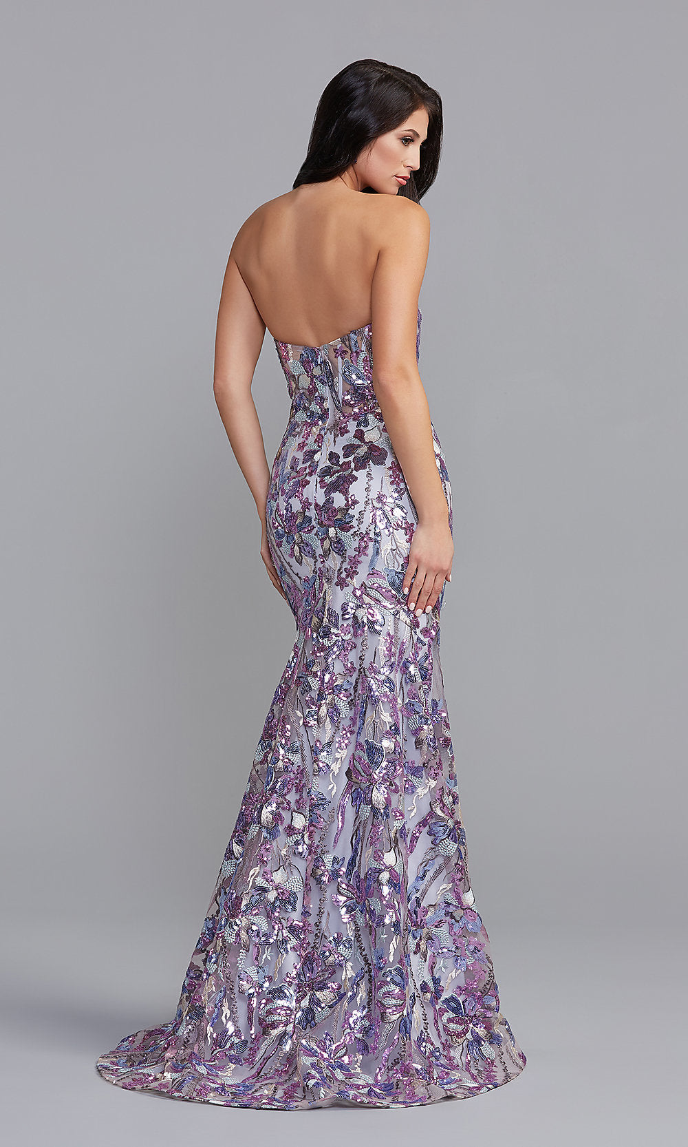  Sequin-Print Strapless Mermaid Long Prom Dress