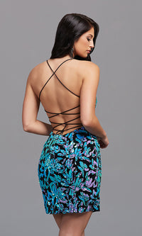  Sequin-Print Short Homecoming Dress with Open Back