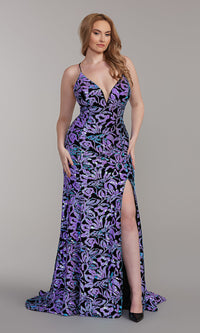  Sequin-Print Long Velvet Prom Dress with Train