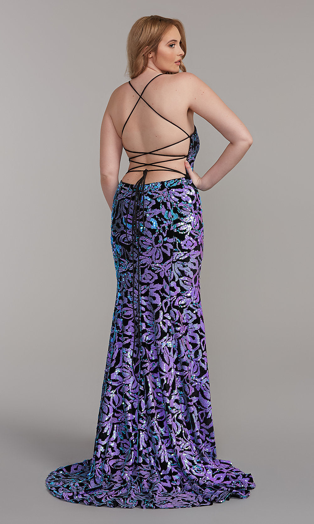  Sequin-Print Long Velvet Prom Dress with Train