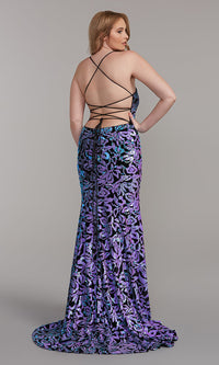  Sequin-Print Long Velvet Prom Dress with Train