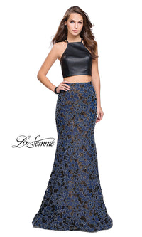 Blue/Multi Denim Print Sleeveless High-Neck Prom Dress