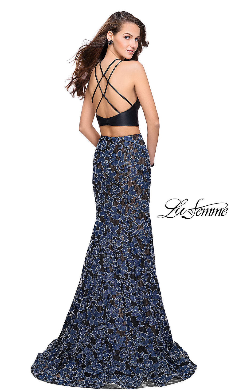  Denim Print Sleeveless High-Neck Prom Dress