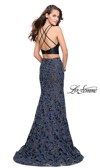  Denim Print Sleeveless High-Neck Prom Dress