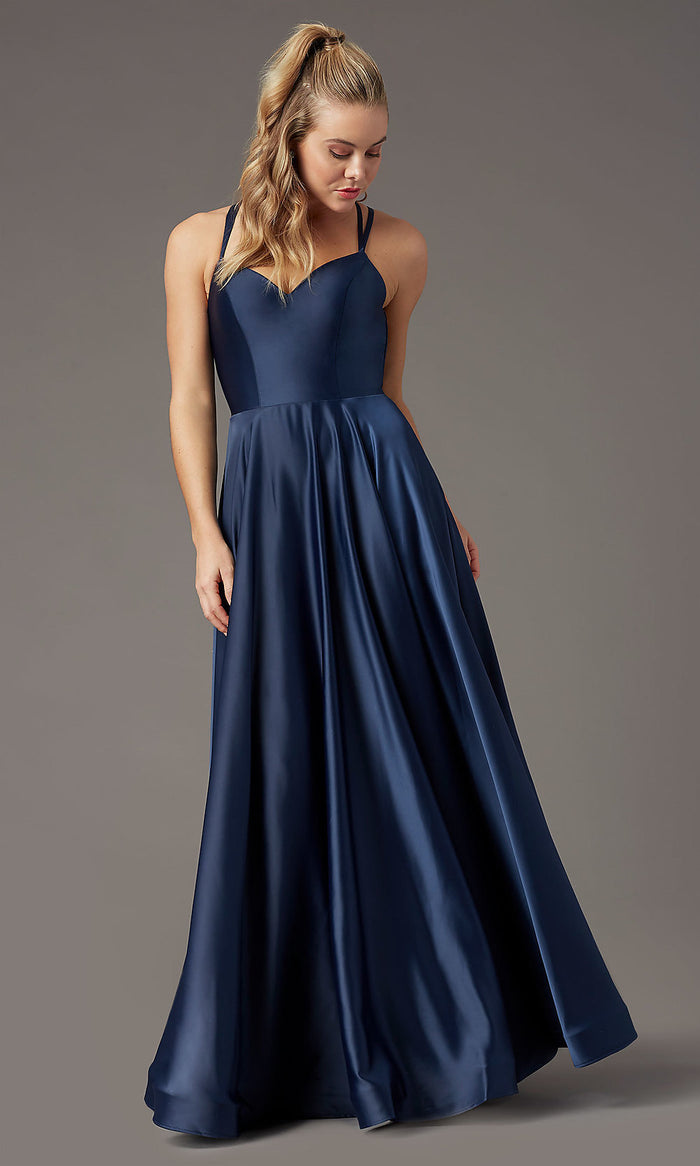 Blueberry Sweetheart Long Satin Prom Dress by PromGirl