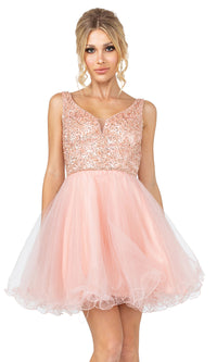 Blush Beaded Fit-and-Flare Short Formal Homecoming Dress