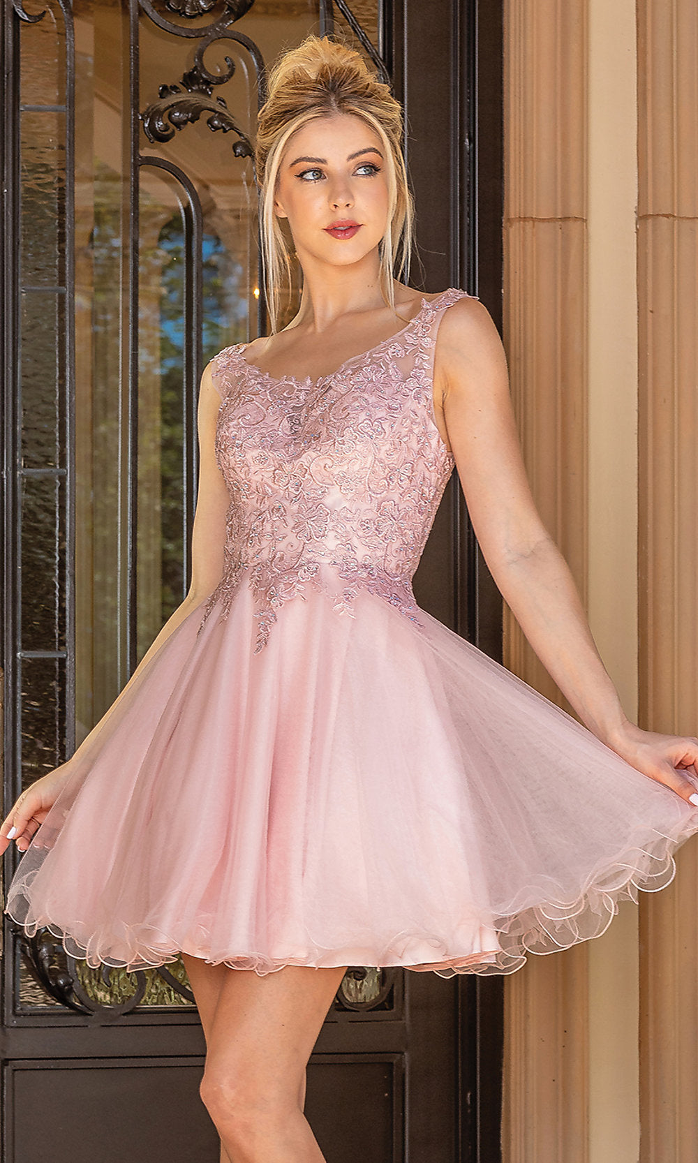 Short A-Line Prom Dress with Sheer Bodice - PromGirl Blush / 2XLarge Short A-Line Prom Dress with Sheer Bodice - PromGirl Blush / 2XLarge