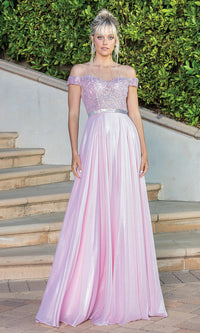 Blush Off-the-Shoulder Long Metallic A-Line Prom Dress