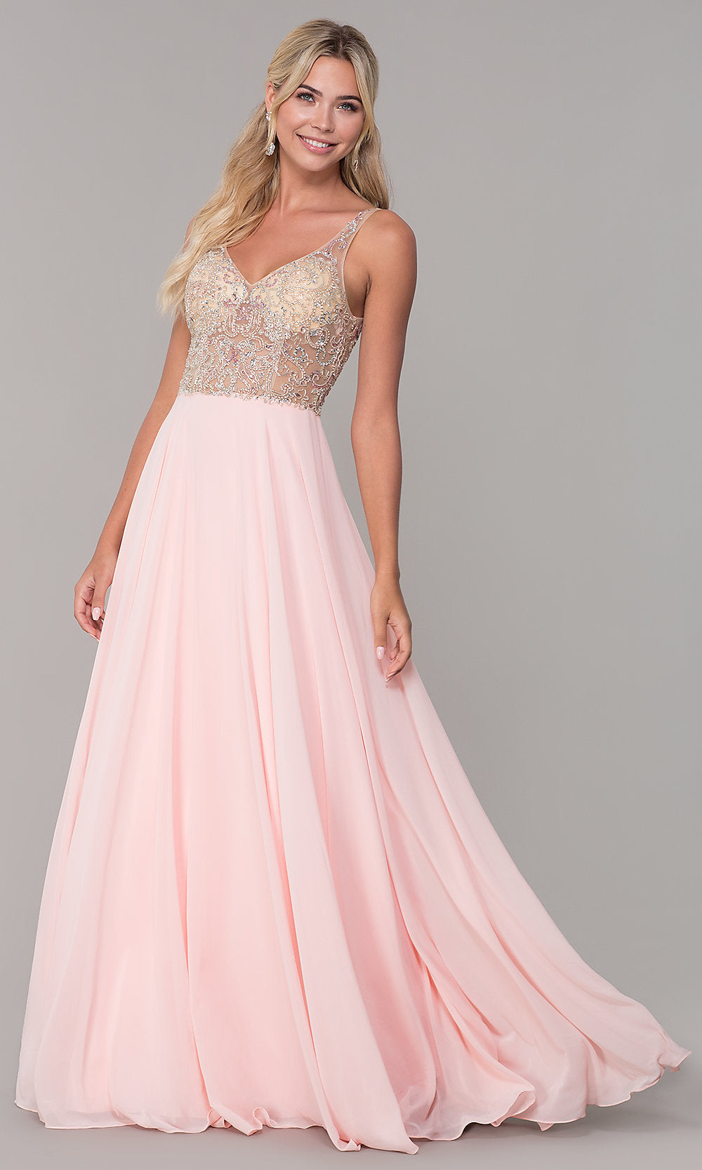 Long Open-Back V-Neck Prom Dress with Beaded Bodice