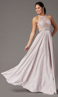 Blush Embellished-Bodice Long Glitter-Knit Prom Dress