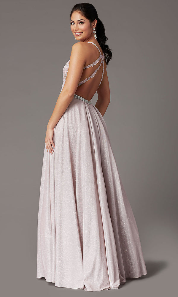 Glitter-Knit Long Sparkly Prom Dress with Pockets