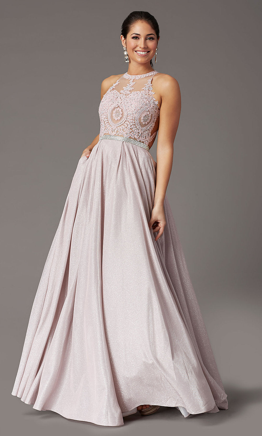  Embellished-Bodice Long Glitter-Knit Prom Dress