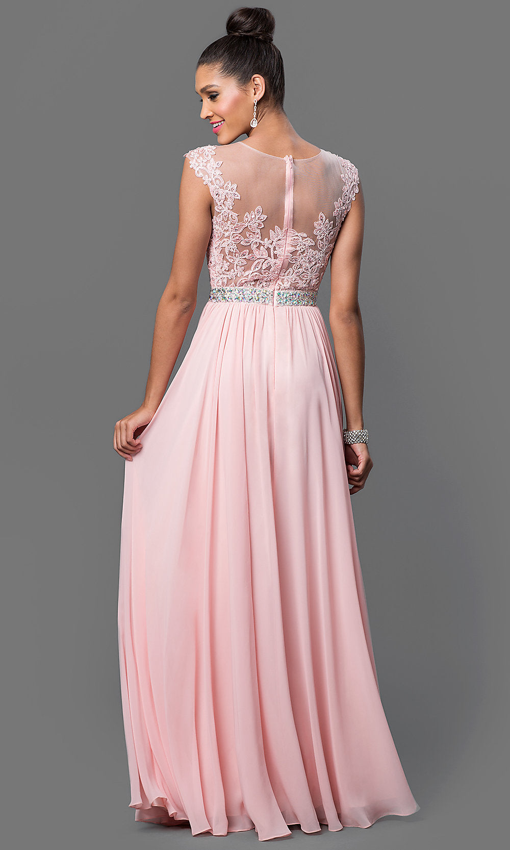  Long Formal Prom Gown with Cap Sleeves