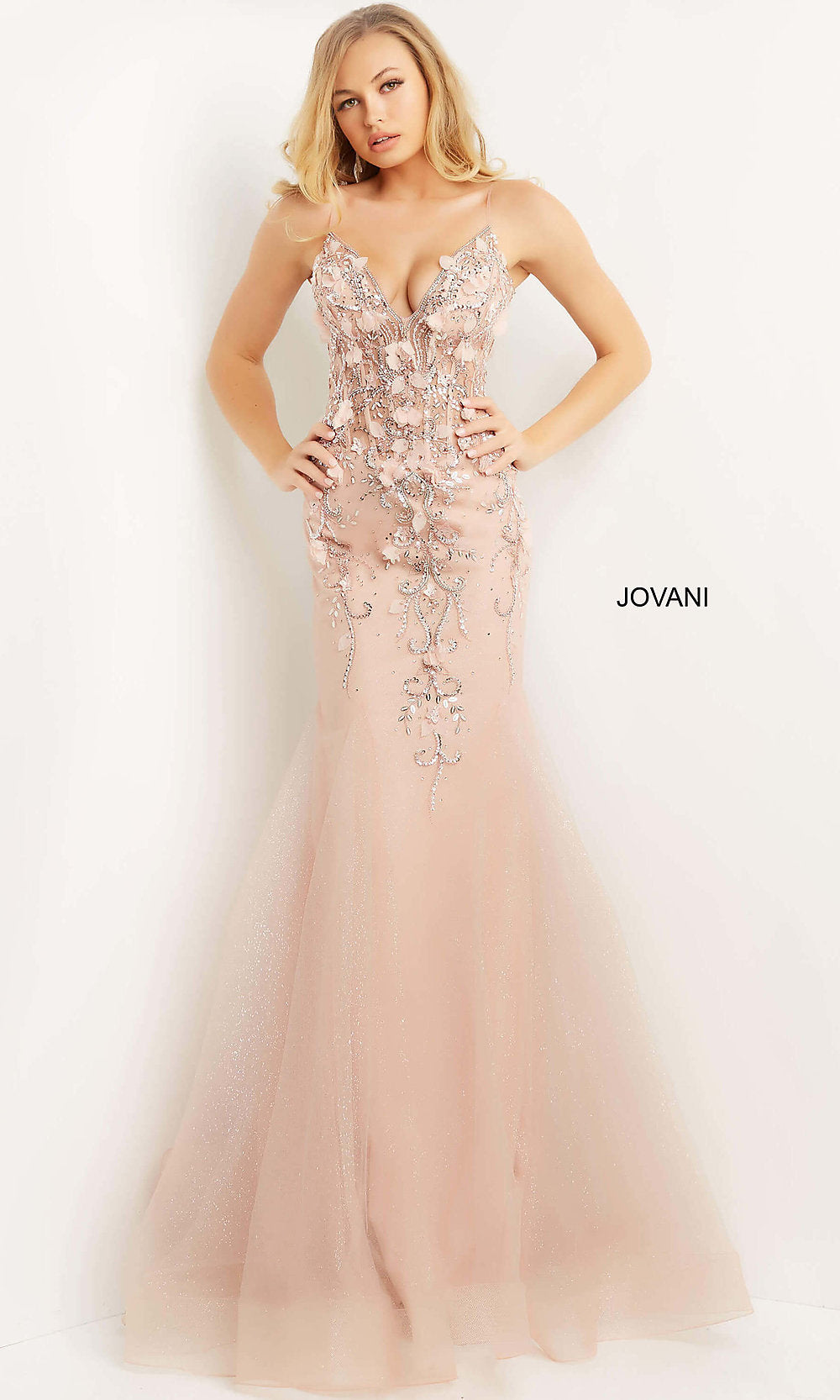 Blush Blush Pink Sheer-Bodice Mermaid Jovani Prom Dress