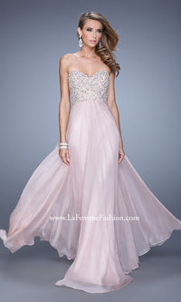 Blush Strappy-Back Long Strapless Prom Dress with Beads