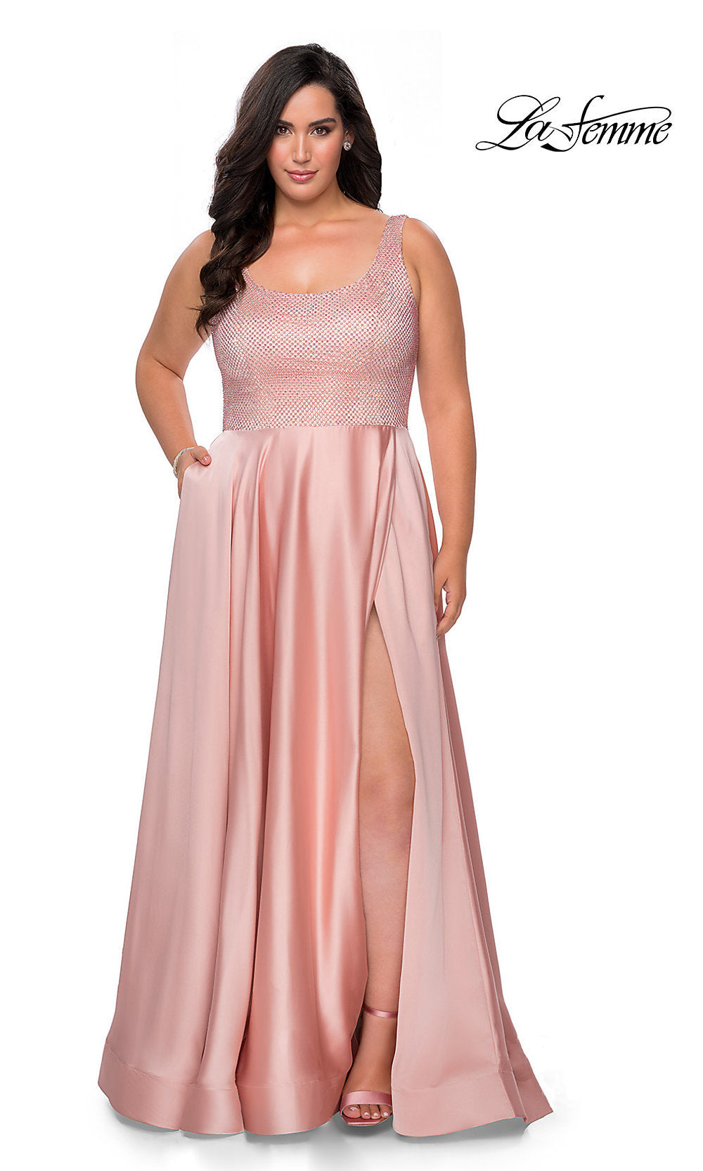 La Femme Long Plus-size Prom Dress with Side Pockets Navy / 18W