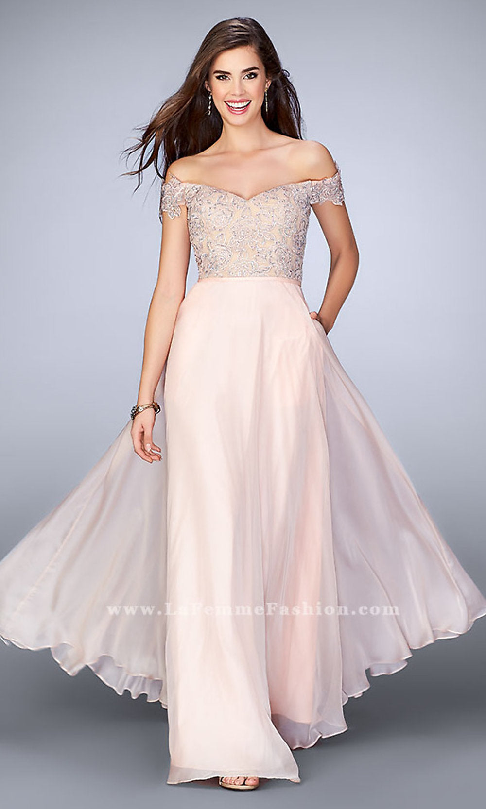 Blush Lace Off-the-Shoulder Long Prom Dress