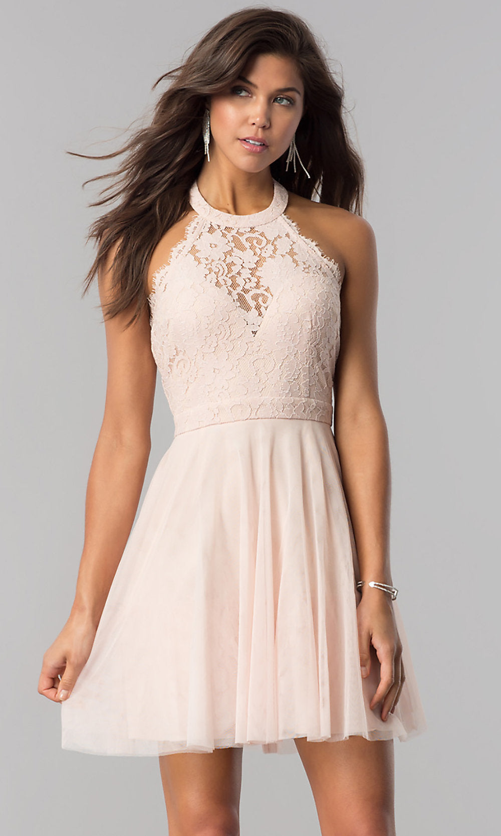 Blush Lace-Bodice Homecoming Short Halter Party Dress