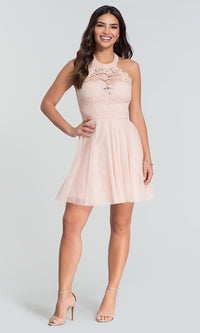  Lace-Bodice Homecoming Short Halter Party Dress